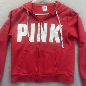 Victorias Secret PINK Hoodie Womens Size M Red Full Zip Big Spellout Y2K